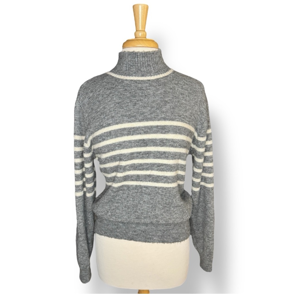Mango Gray and White Striped Turtleneck Sweater
